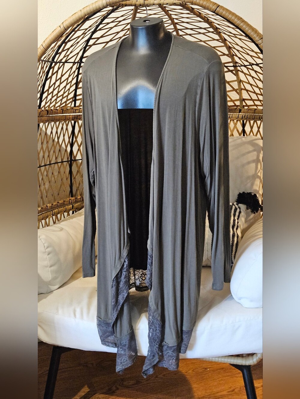 Torrid Super Soft Drape Front Cardigan with Lace Trim - Moss Green